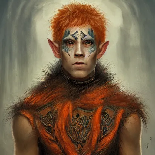 Prompt: portrait painting of an elven young man with short light orange hair and tribal tattoos on his face wearing fur armor, sharp focus, award - winning, trending on artstation, masterpiece, highly detailed, intricate. art by seb mckinnon