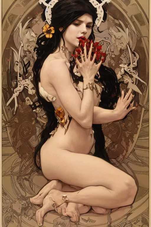 Image similar to a painting of a beautiful death goddess sitting on a throne made of flesh and bone, adorned with skulls, perfect face, full body, by artgerm and Alphonse Mucha, Greg rutkowski, Alex Ross, highly detailed, trending on artstation