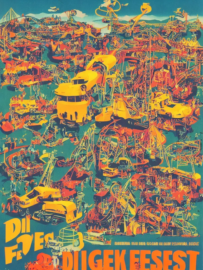 Prompt: poster for the diggerfest festival, digger land amusement park, really good vibes, creative, 1 9 6 0 s, aesthetic