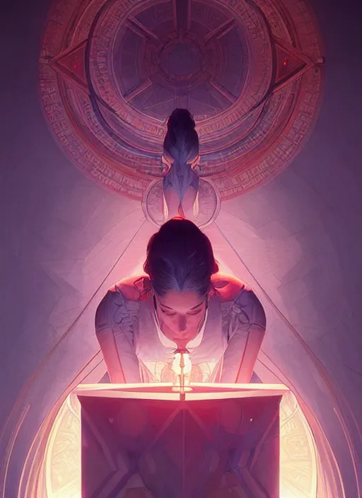 Image similar to symmetry!! mysterious cube floating, glowing lights!! intricate elegant, highly detailed, digital painting, artstation, concept art, smooth, sharp focus, illustration, art by artgerm and greg rutkowski and alphonse mucha