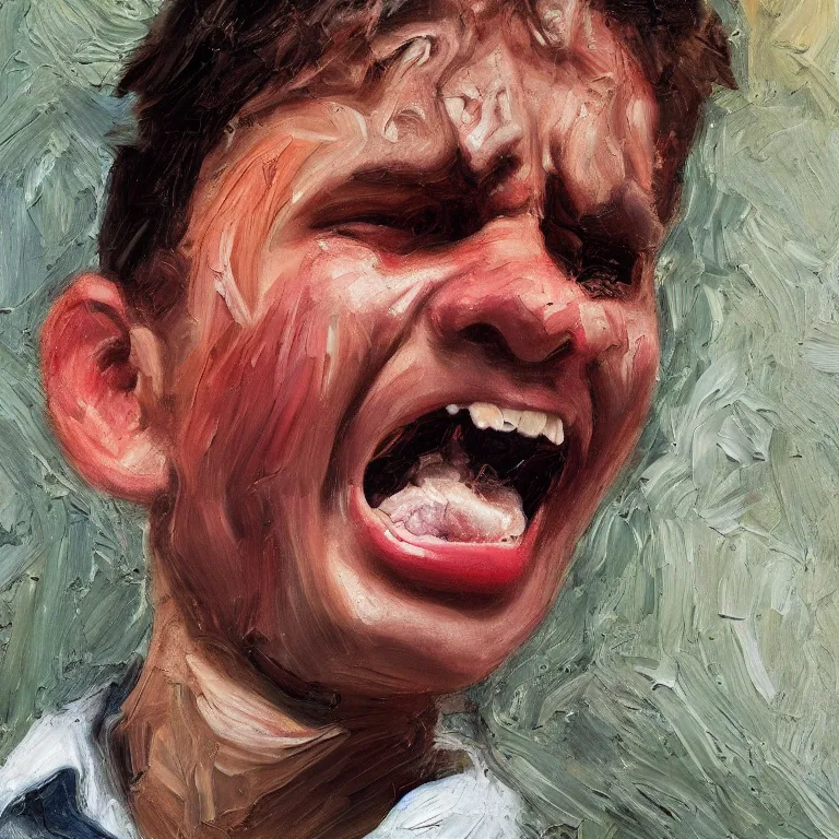 Image similar to warmly lit close up studio portrait of young angry!! screaming teenage Michael Scott furious!, impasto oil painting thick brushstrokes by Lucian Freud and Cy Twombly and Tim Hawkinson , trending on artstation dramatic lighting Expressionism