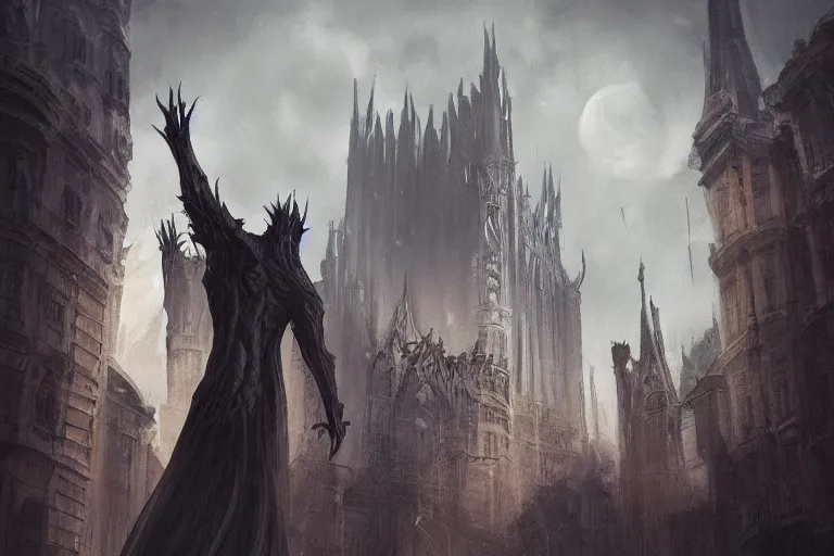 Prompt: A giant creature standing above a gothic city, digital painting, soft lighting, moody, high detail