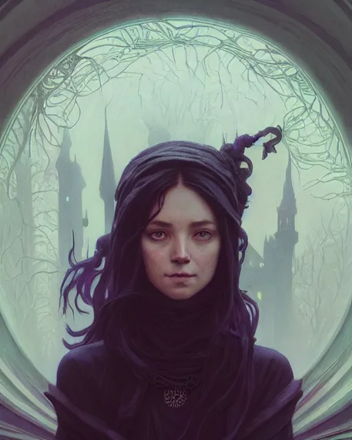 Image similar to highly detailed vfx - portrait of a witch, wonderful eyes, unreal engine, greg rutkowski, only, once, people, makoto shinkai and lois van baerle, ilya kuvshinov, rossdraws, tom bagshaw, alphonse mucha, global lighting, detailed and complex environment