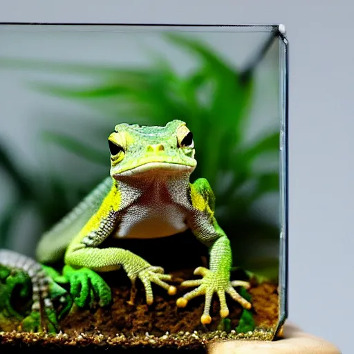 Prompt: angry smile gecko sitting inside a terrarium