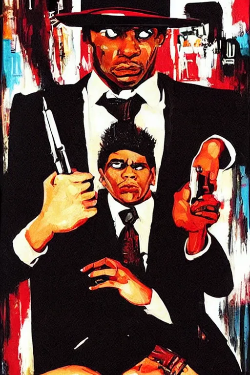 Image similar to scene from scarface movie, mafia, basquiat - style, retro - futuristic