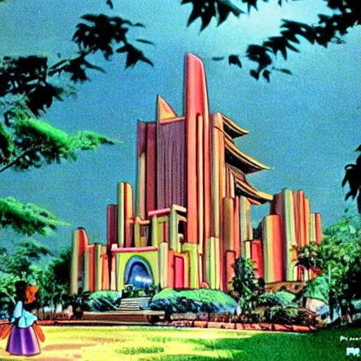 Prompt: Movie frame from the coloured Disney animated motion picture released in 1949, beautiful half built building in Taiwan forest full of