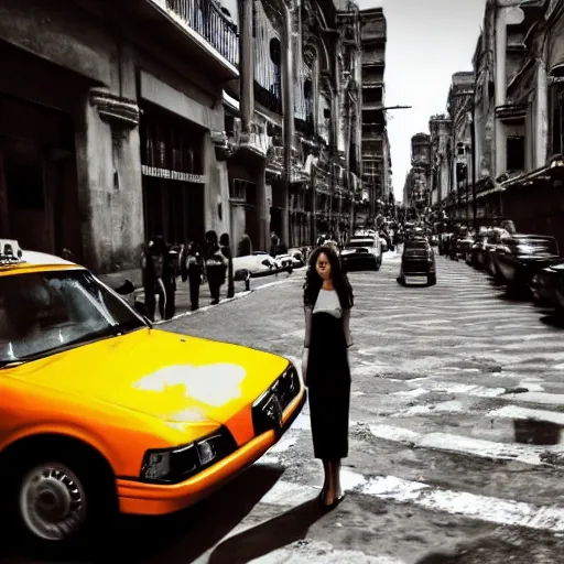 Image similar to beautiful woman standing alone in mexico city with taxi cabs and busy streets, artstation