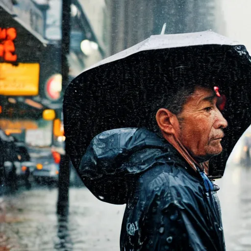 Image similar to closeup portrait of a man fishing in a rainy new york street, photography, time magazine