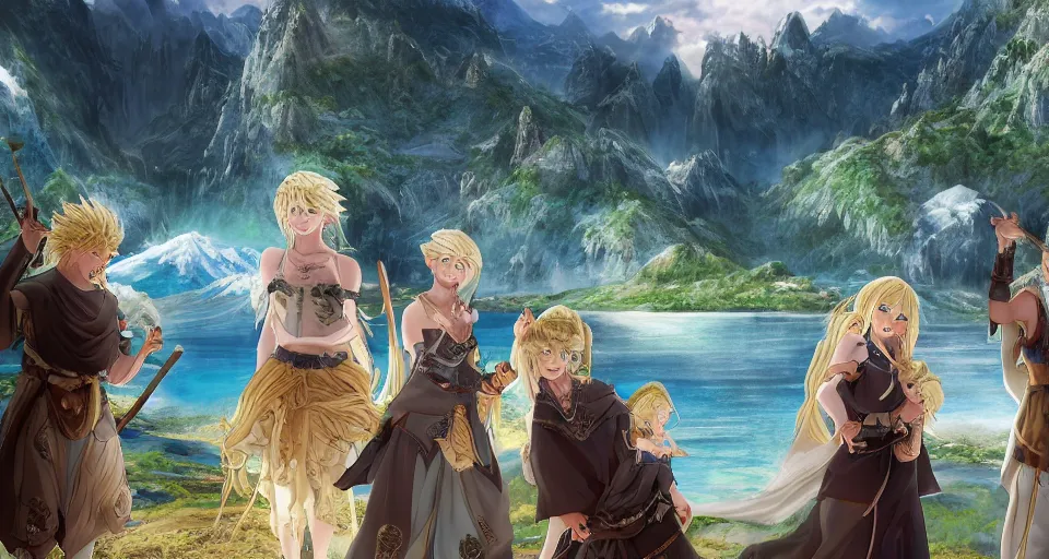 Prompt: An epic fantasy anime style landscape painting of a Mountainrange and a lake, with A family consisting of a blond man with a beard, a blond wife and two blond boys celebrating a wedding, unreal 5, DAZ, hyperrealistic, octane render, dynamic lighting