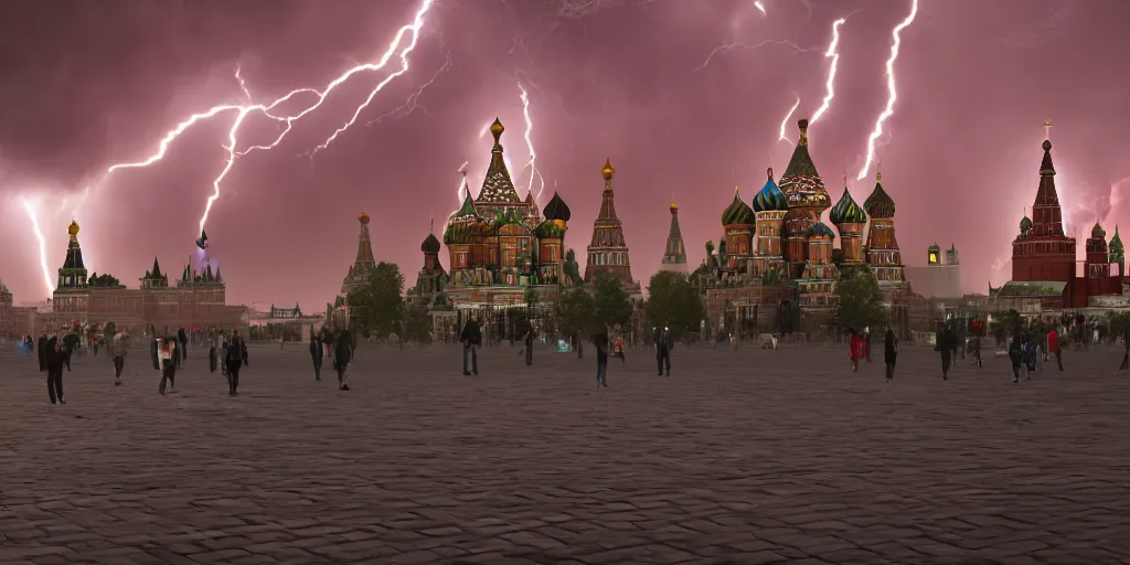 Image similar to a fiery thunderstorm with a tornado over red Square in Moscow, lot of people running and crying, photorealistic, 4k, unreal engine 5, trending on artstation, artstationHD