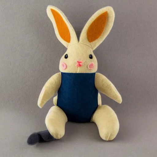 Image similar to a cute elegant felt plush doll of a rabbit wearing overalls