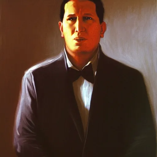 Image similar to Painting of Hugo Chavez as Patrick Bateman. Art by william adolphe bouguereau. During golden hour. Extremely detailed. Beautiful. 4K. Award winning.