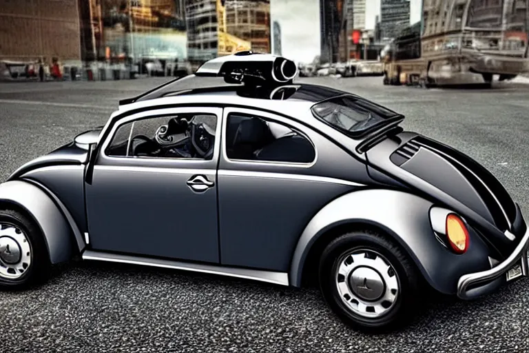 Image similar to an reimaginated Volkswagen Beetle designed by John DeLorean, ultra realistic, high reflections, back to the future photography