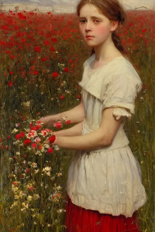 Image similar to Solomon Joseph Solomon and Richard Schmid and Jeremy Lipking victorian genre painting portrait painting of a plain young village girl in an open field of flowers, red background