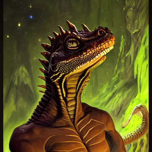 Prompt: a portrait of a male reptile lizard lizardman dragon in star trek uniform at night in a dark forest. zootopia fursona furaffinity detailed face painting by gaston bussiere craig mullins jc leyendecker gustav klimt artgerm greg rutkowski