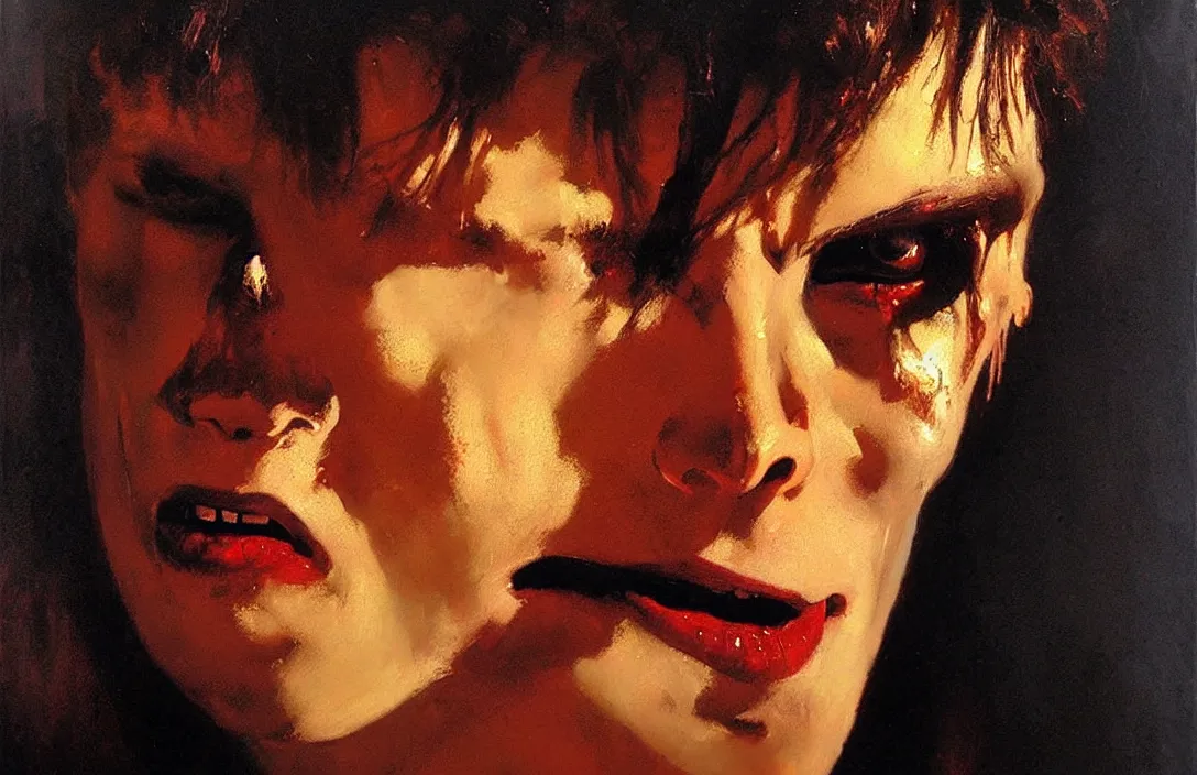 Prompt: portrait of 1 9 8 0's film vampire!!!!!!!!!!!!!!!!!!!!!!!!!!!, detailed face, detailed painting,, epic lighting, by ilya repin, phil hale and kent williams