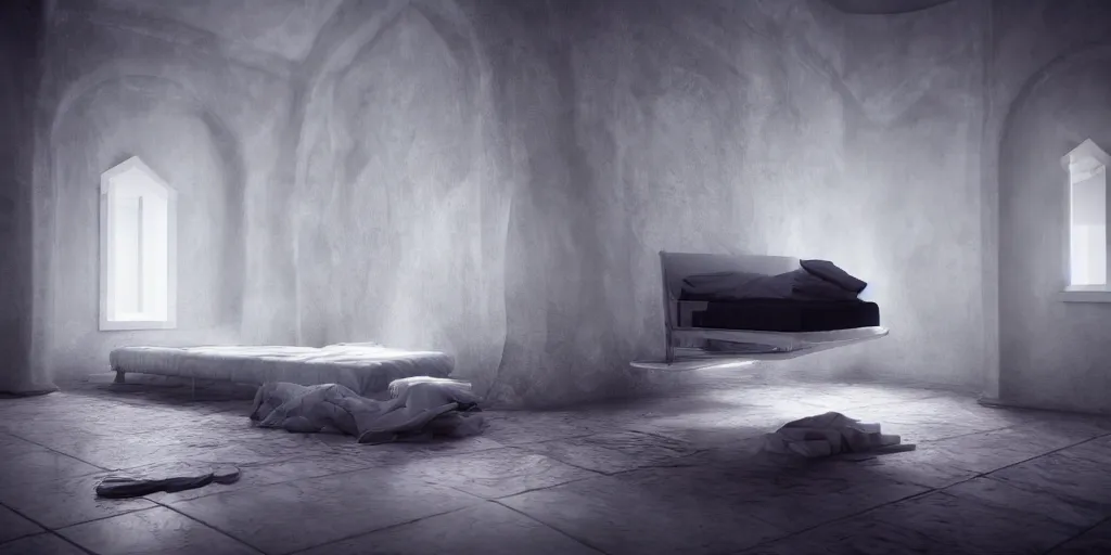 Image similar to liminal space bed, unreal engine, octane render, fantasy, white walls, digital art, dreamcore