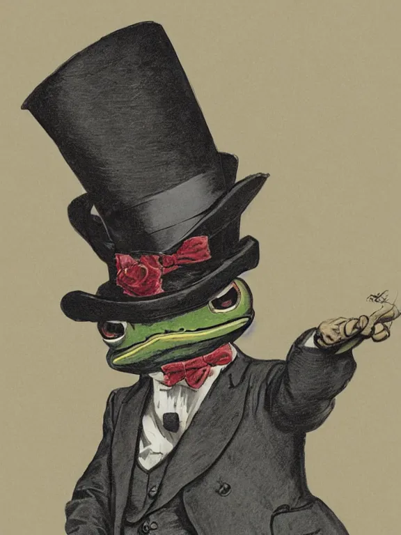 Image similar to pepe the frog at the royal ascot, wearing morning suit and top hat, excited watching the horse races, illustration by Joseph Christian Leyendecker