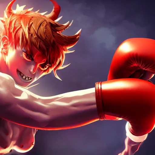 Image similar to demon hero ,boxing gloves,worn pants ,ArtStation, studio trigger anime,studio trigger style,studio trigger art,CGSociety,full length, exquisite detail, post-processing, masterpiece, volumetric lighting, cinematic, hypermaximalistic, high details, cinematic, 8k resolution, beautiful detailed, insanely intricate details