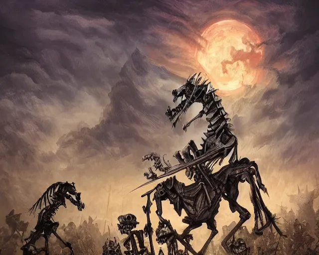 Image similar to evil skeleton riding evil skeleton horse in tatters in front of an army of evil skeleton soldiers against a dark and stormy night, illustration, by ( kieran yanner ) ( miranda meeks ) ( anna podedworna ) ( cristi balanescu ), digital art