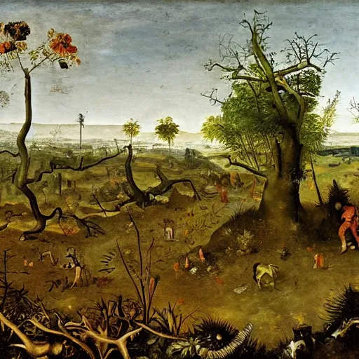 Prompt: Apocalypse with vegetation, leaves, creepers, ferns, thorns taking over the ruined cities. Painting by Bruegel