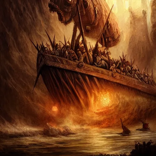 Prompt: noah's ark, epic fantasy, detailed, intricate, digital painting, concept art, realistic, smooth, focus, rim light