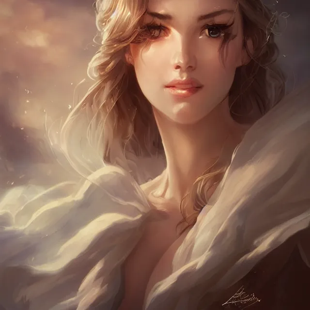 Image similar to a beautiful female cleric, ethereal, dreamy, backlit, highly detailed, stern expression, realistic lighting, sharp focus, windswept, rule of thirds, symmetrical facial features, by artgerm, wlop, rossdraws, frank frazetta, andrei riabovitchev, trending on artstation, hd, 4 k, fantasy