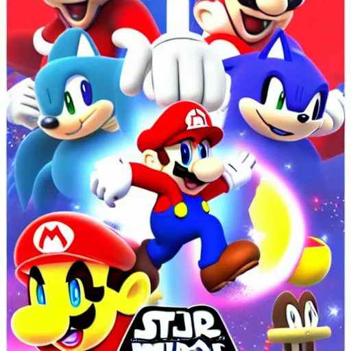 Image similar to super mario, kirby, sonic the hedgehog, super smash bros, star wars themed movie poster high detail accurate eyes and good gesture poses, pokemon anime cartoon style