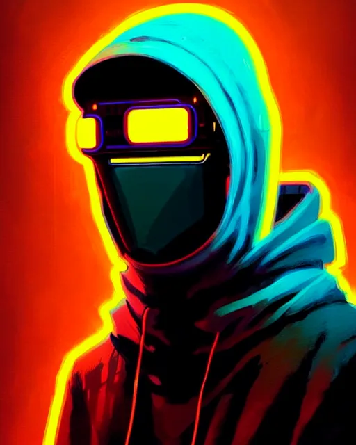 Image similar to cyberpunk synth, hyper - realistic portrait of a man in a hoodie with detailed neon mask, cyberpunk, by atey ghailan, by greg rutkowski, by greg tocchini, by james gilleard, by joe fenton, by kaethe butcher, dynamic lighting, gradient light blue, brown, cinematic lighting color scheme, sharp focus, grunge aesthetic