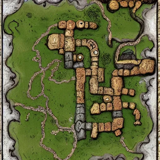 Image similar to overhead RPG battlemap of a stone fort sitting above a swamp, detailed, hand-painted, drivethruRPG top seller popular