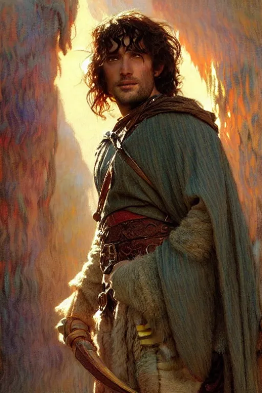 Image similar to attractive man, the lord of the rings, cool colors, painting by gaston bussiere, craig mullins, greg rutkowski, alphonse mucha