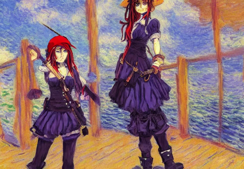 Image similar to wide angle perspective of a female pirate, a thrifty uniform, somewhat of an anime in impressionist style, trending artwork, made with anime painter studio, by claude monet and an anime artist, collaboration