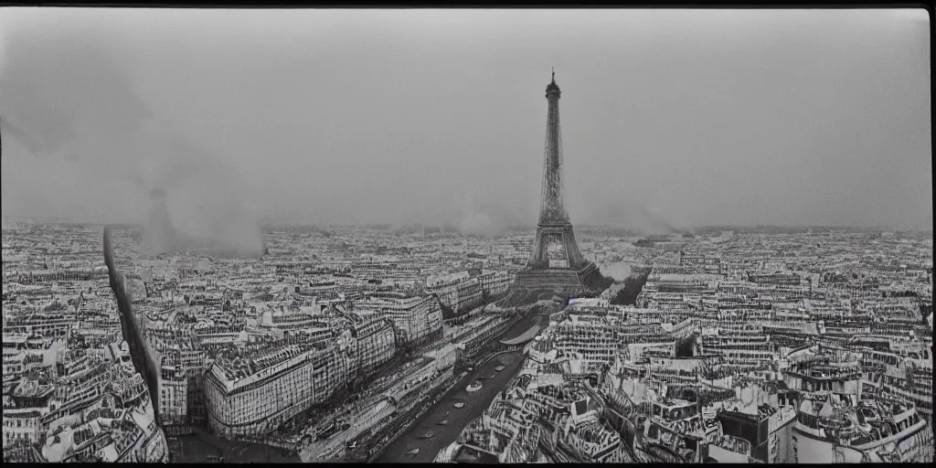 Image similar to extensive smoke rising from the top of the eiffel tower, aerial view, several police cars and crowds running across the ground, polaroid, 6 0's, hyperrealism, no blur, 4 k resolution, ultra detailed