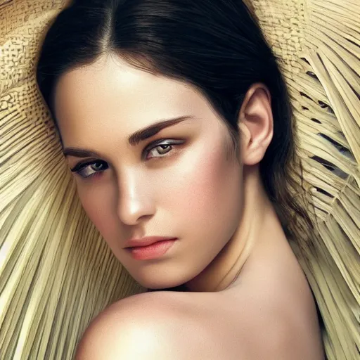 Prompt: gorgeous female photo, professionally retouched, soft lighting, chest covered with palm leaves, realistic, smooth face, perfect eyes, wide angle, sharp focus on eyes, 8 k high definition, insanely detailed, intricate, elegant, oil painting art by omar ortiz