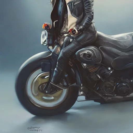 Image similar to a painting of a bunny wearing a leather jacket, riding a motorcycle, elegant, highly detailed, digital painting, artstation, concept art, matte, sharp focus, highly detailed, 4 k, hdr, smooth, sharp focus, high resolution, award - winning photo, photorealistic, art by artgerm and greg rutkowski and alphonse mucha, large shot