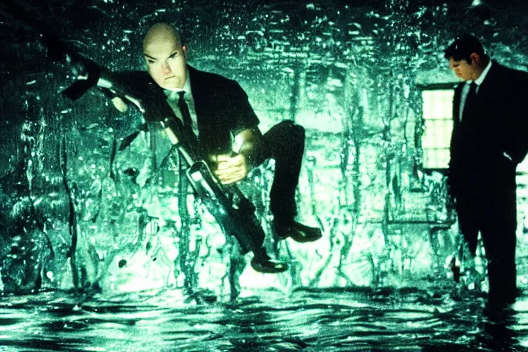 Image similar to agent 4 7 to check his email submerged in translucent goo, over the shoulder perspective, in 1 9 8 5, y 2 k cybercore, industrial low - light photography, still from a kiyoshi kurosawa movie