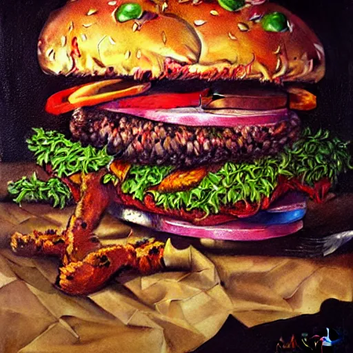 Prompt: zombie burger, by allori alessandro, oil paint, colorful, soft lighting, insanely detailed and intricate, hypermaximalist, elegant, ornate, hyper realistic, super detailed