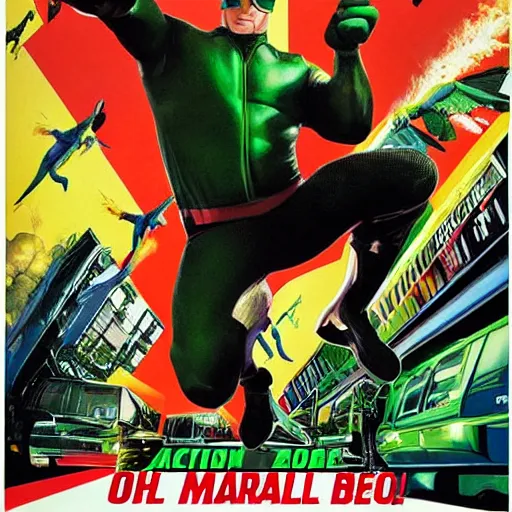 Prompt: action hero Michael Bay movie poster featuring Marvel Majestic Fat Pigeon in a extravagant full body green suit by Alex Ross, oil painting