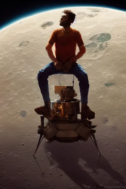 Image similar to Man sitting on the moon with a view of the earth in the background, elegant, digital painting, highly detailed, artstation, concept art, smooth, sharp focus, illustration, art by artgerm and greg rutkowski.