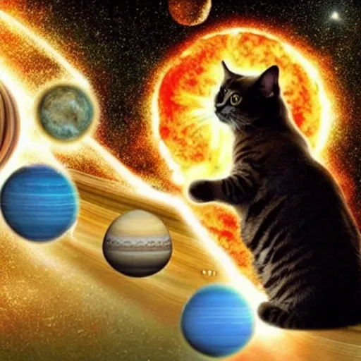 Prompt: the solar system exploded and a cat was blown away