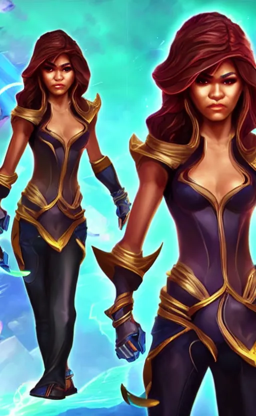 Image similar to Zendaya as a character in the game League of Legends, with a background based on the game League of Legends, detailed face, old 3d graphics