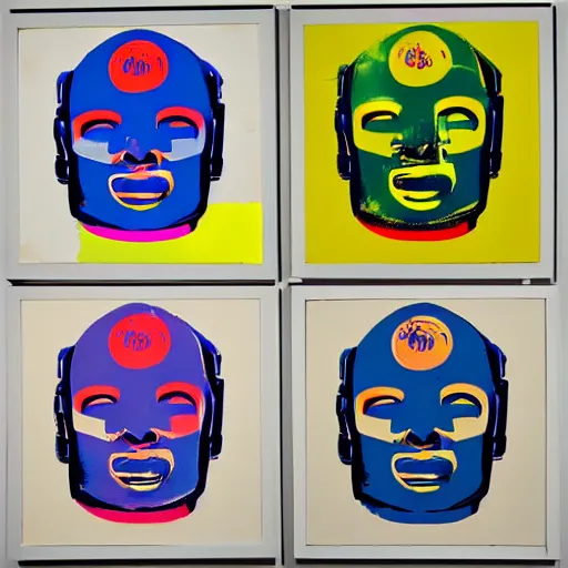 Image similar to old robot, 6 panels by andy warhol, with highly contrasted colors and an illuminating background