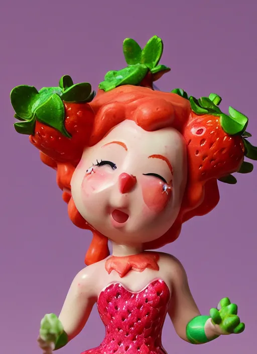 Prompt: a wholesome femo figurine of a cute funny strawberry fairy with freckles wearing a frilly floral strawberry dress featured on doom eternal by studio ghibly and disney made of strawberry jam jar, pastels, wide angle, dynamic dancing pose, 🎀 🍓 🧚