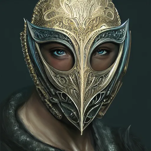 Image similar to Very very very very highly detailed epic photo of face with venetian mask, intricate, dystopian, sci-fi, extremely detailed, digital painting, artstation, concept art, smooth, sharp focus, illustration, intimidating lighting, incredible art by Brom