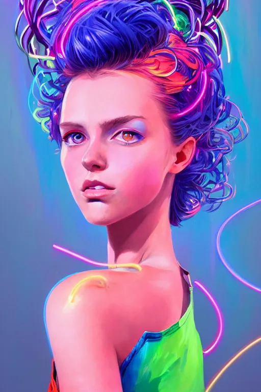 Image similar to a award winning half body portrait of a beautiful woman with stunning eyes in a off shoulder croptop and cargo pants with rainbow colored hair, outlined by whirling illuminated neon lines and fine lines swirling in circles by jesper ejsing and rhads and makoto and shinkai and lois van baarle, digital art, trending on artstation