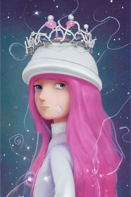 Prompt: highly detailed, profile portrait of beautiful cute adult princess bubblegum from adventure time, experimenting in her science lab, wearing lab coat, bubblegum hair with long bangs, single thin ring tiara with a sapphire gem, depth of field, illustration, concept art by nicoletta ceccoli, mark ryden, lostfish, detailed and intricate environment, 8 k resolution, hyperrealistic, octane render