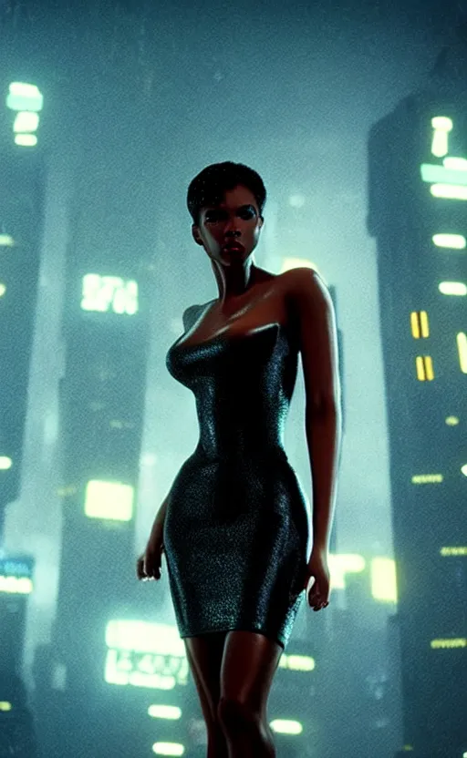 Prompt: hyper - realistic, a beautiful black femme fatale woman wearing a short dress and heels, blade runner city, neo - noir aesthetic, cinematic composition, cinematic colors, 3 5 mm film, roger deakins style, realistic film, no signature, 8 k