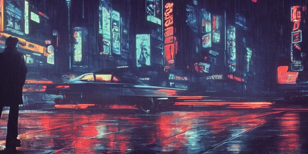 Prompt: duel, clint eastwood vs takeshi kitano in blade runner posing on a neon rainy vague street in headlights, movie shot, photo realism, detailed