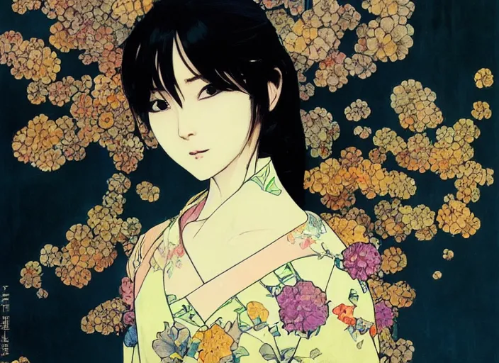 Prompt: oil painting, long shot, beautiful floralpunk japanese bio mechanical female illustration detailed patterns art of japan traditional dress, flower pop art, floral splash painting, art by ashley wood, alphonse mucha, makoto shinkai, geof darrow, dark shadow