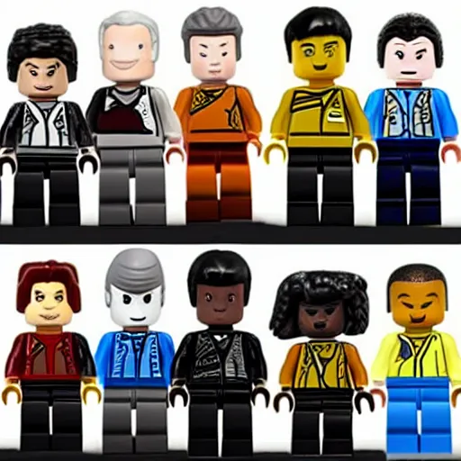 Prompt: Captain Picard, Commander Riker, Data, Geordi Lego figurine, Starfleet uniform
